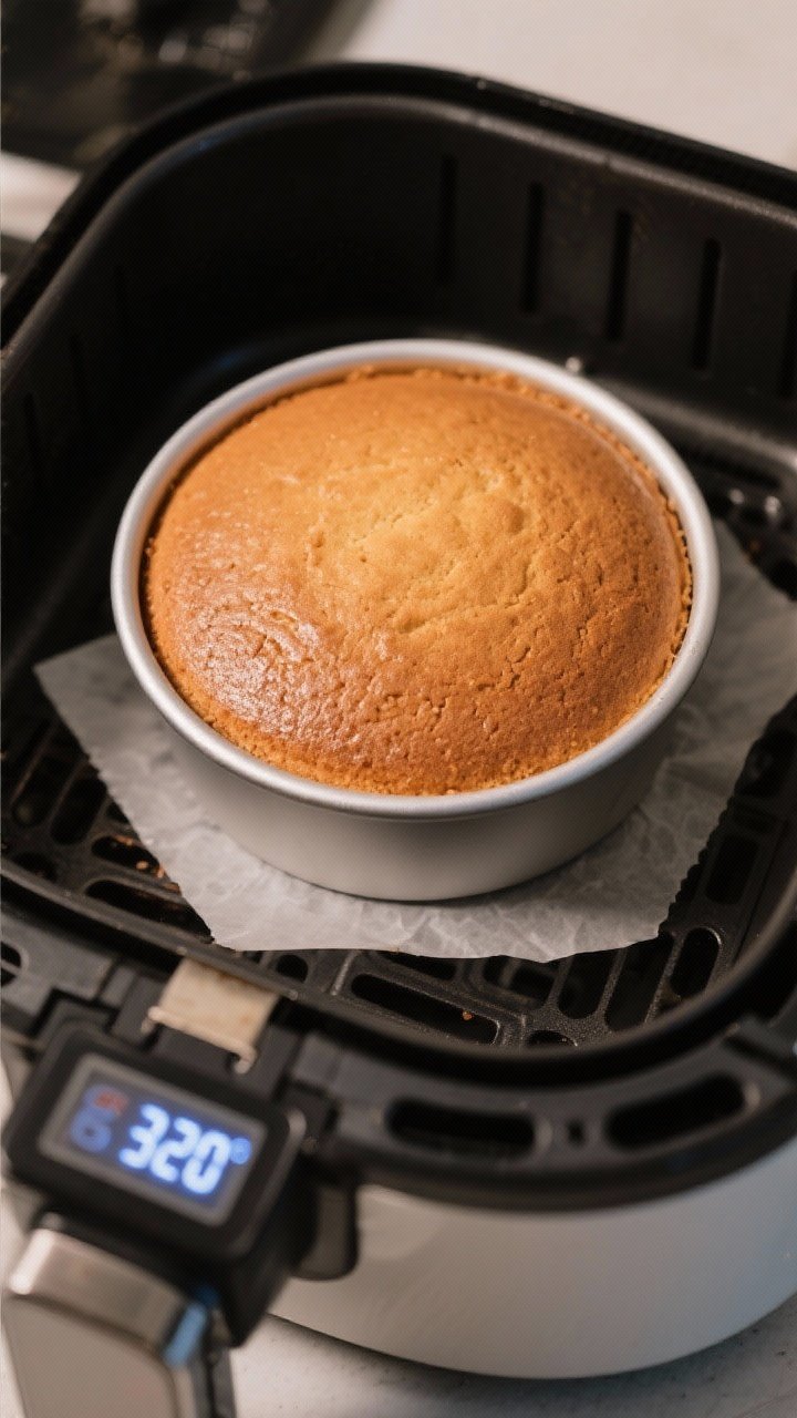 Cooking process: Overhead shot of the filled 6-inch cake pan placed inside an air fryer basket midwa