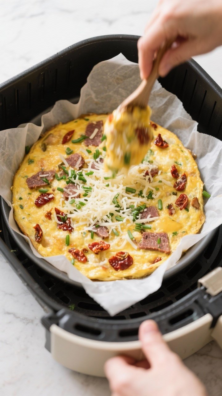 Cooking process: Overhead shot of the frittata mixture poured into a parchment-lined 8-inch round ti