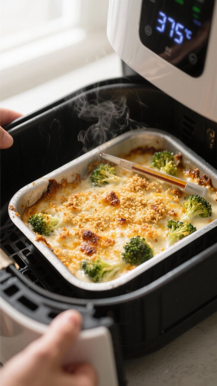 Cooking process: Overhead shot of the gratin mid-air-fry in a shallow metal baking dish inside the a