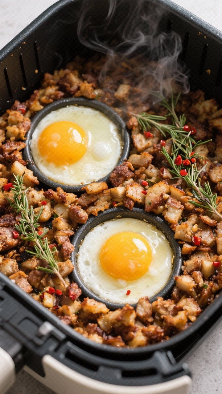 Cooking process: Overhead shot of the hash base in an air fryer basket at the stage where small well