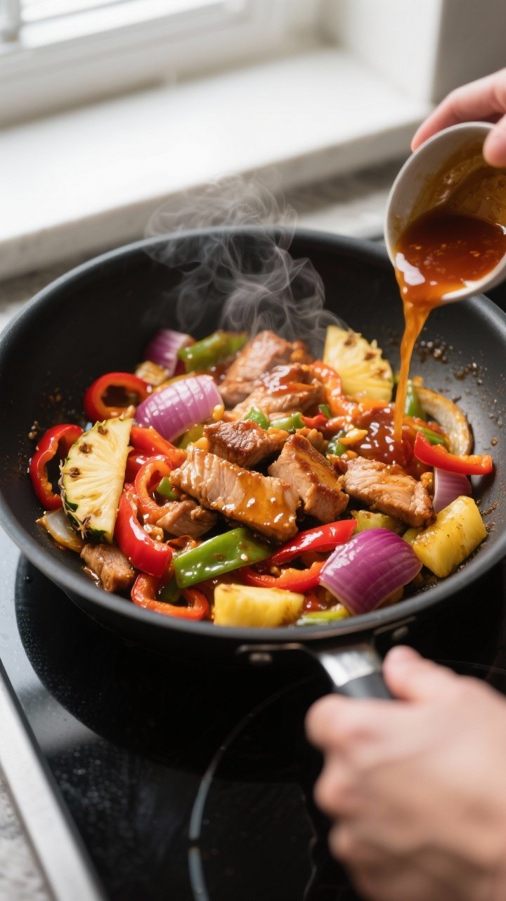 Cooking process: Overhead shot of the just-cooked pork, peppers, red onion wedges, and pineapple bei