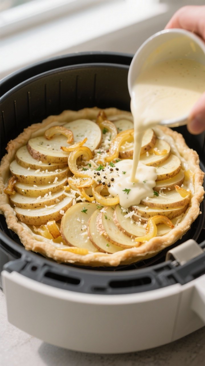 Cooking process: Overhead shot of the layered potato pie mid-assembly in an air fryer–safe round d