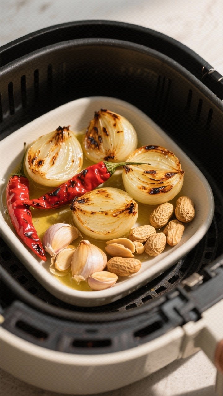 Cooking process: Overhead shot of the lightly charred shallot halves, blistered red chili, golden ga