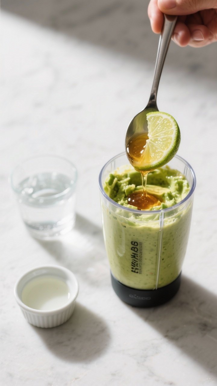 Cooking process: Overhead shot of the miso avocado dressing mid-adjustment in a bullet-style blender