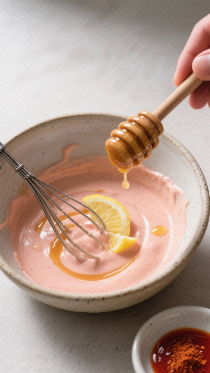 Cooking process: Overhead shot of the mixing stage—whisk finishing the final “Brighten and balan