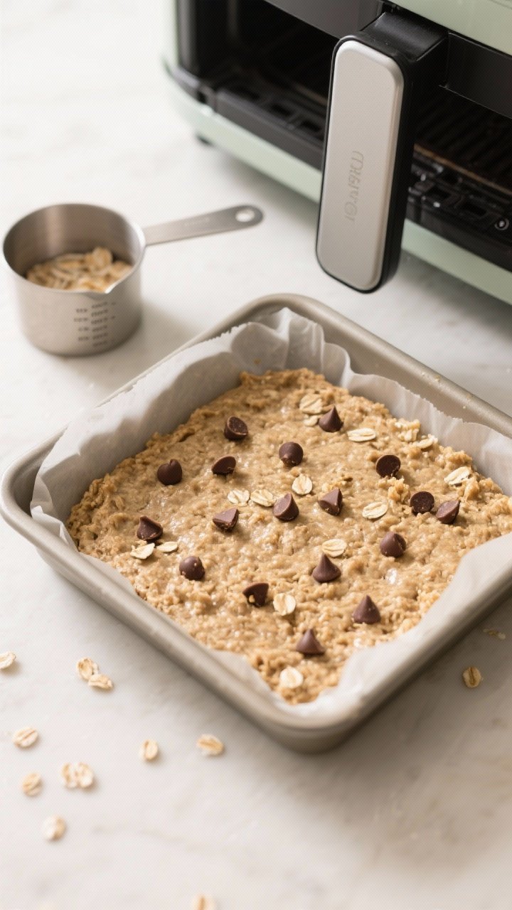 Cooking process: Overhead shot of the oat mixture pressed firmly and evenly into a parchment-lined 7