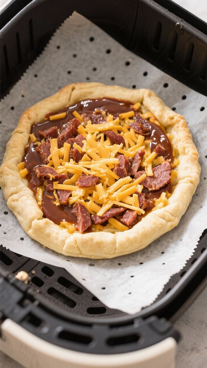 Cooking process: Overhead shot of the par-cooked puff pastry base in the air fryer basket lined with