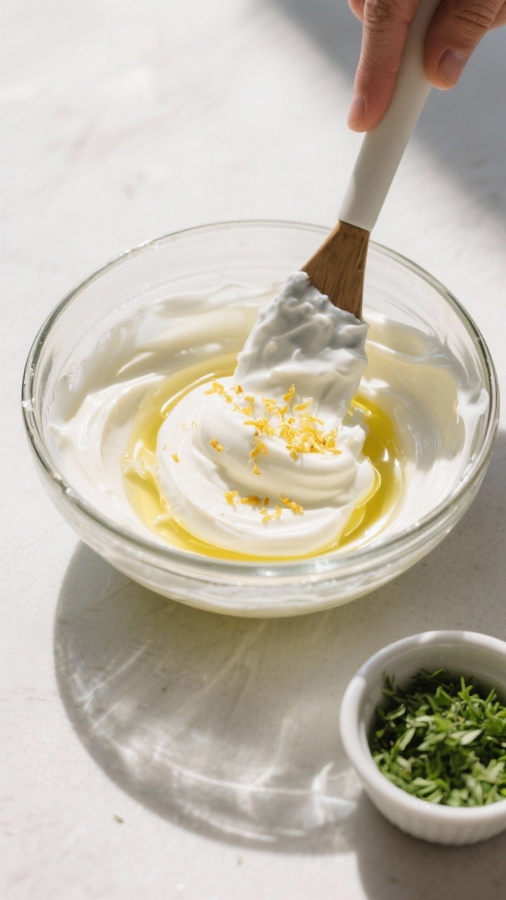 Cooking process: Overhead shot of the sauce being mixed in a glass bowl—prepared base of extra-thi