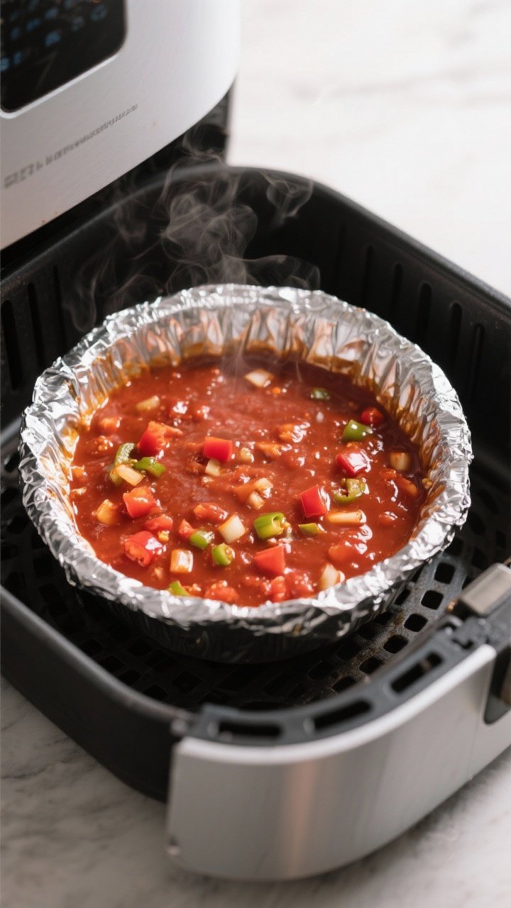 Cooking process: Overhead shot of the sauce thickening stage in an 8-inch oven-safe dish inside an o
