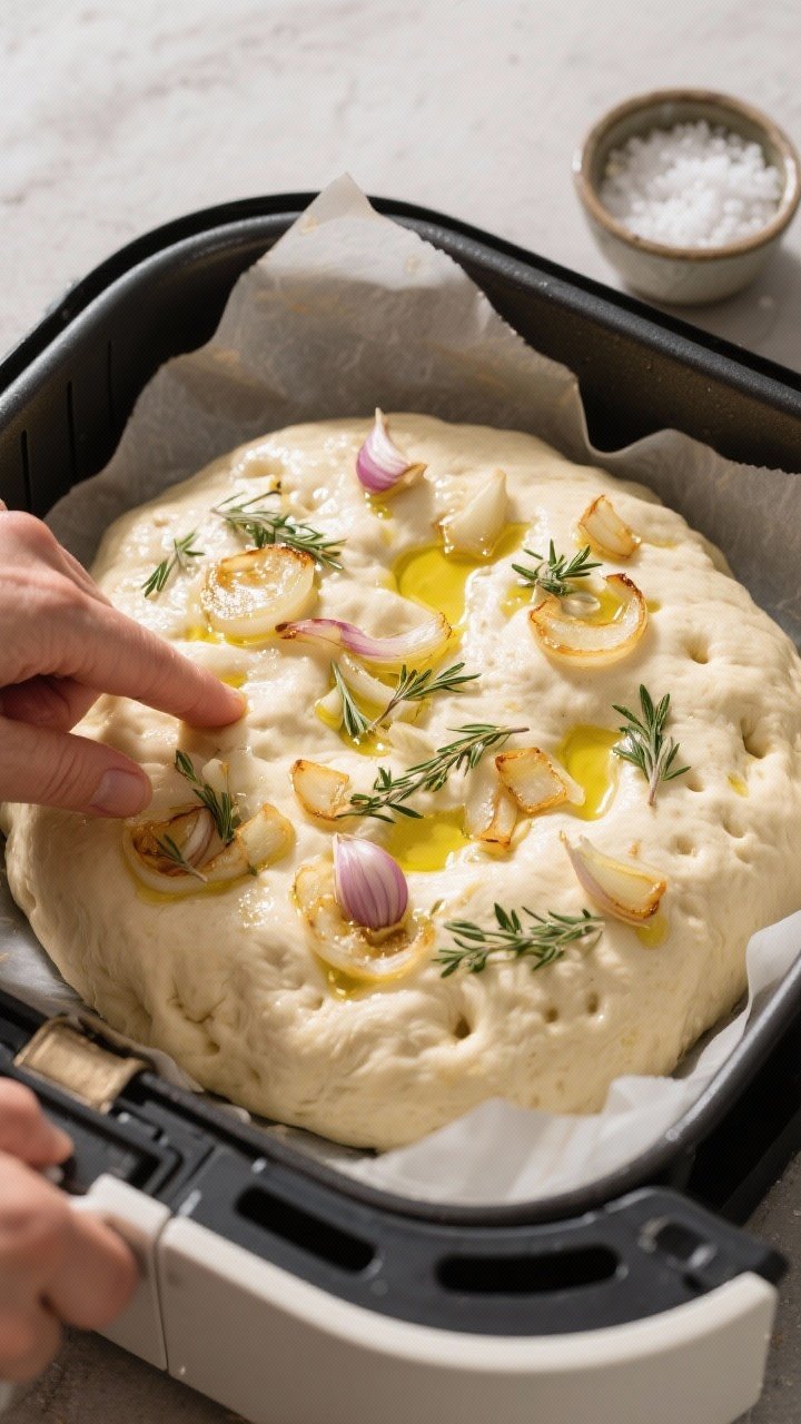 Cooking process: Overhead shot of the second-rise stage in an air fryer insert pan—puffy, oiled do