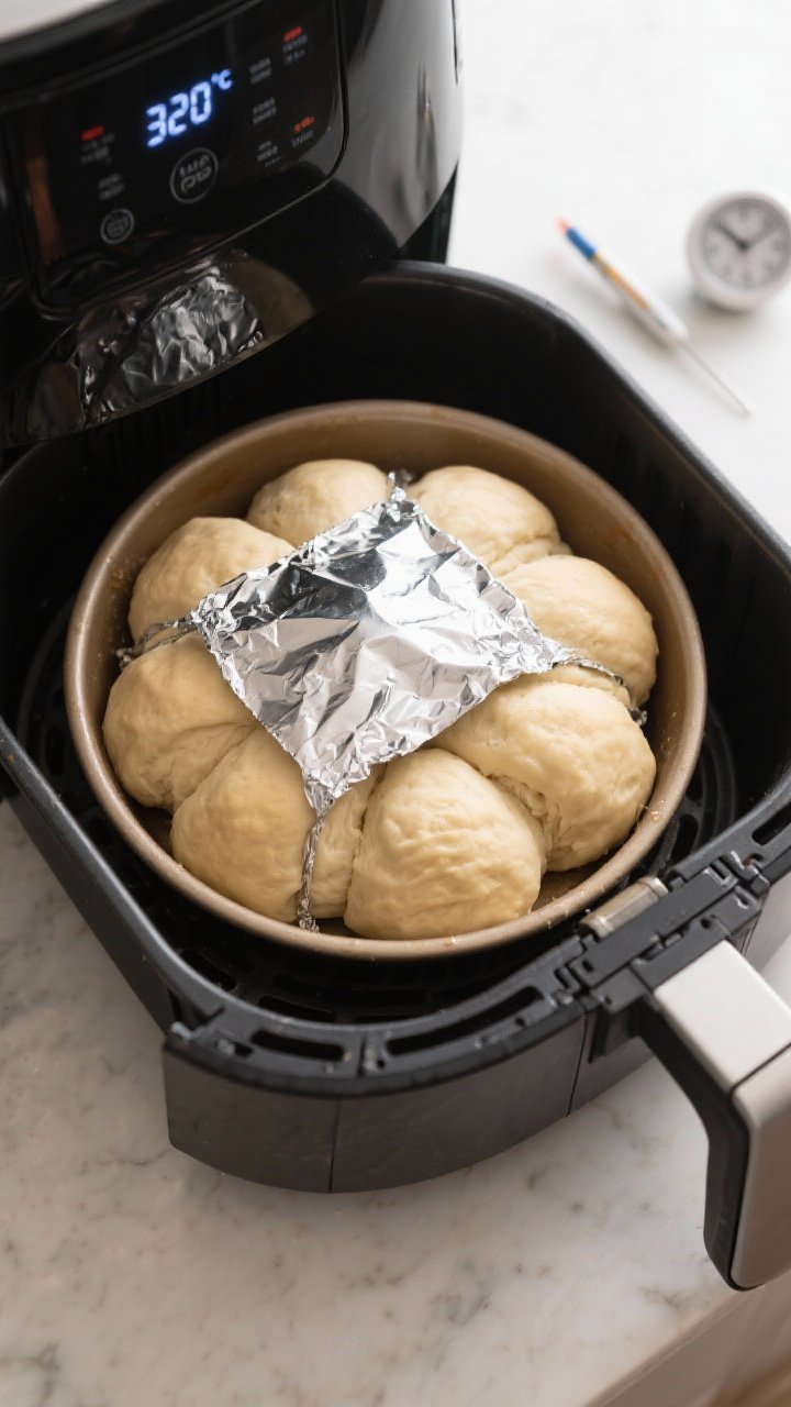 Cooking process: Overhead shot of the shaped pull-apart dombolo (6–8 snug dough balls) in a 6–7 