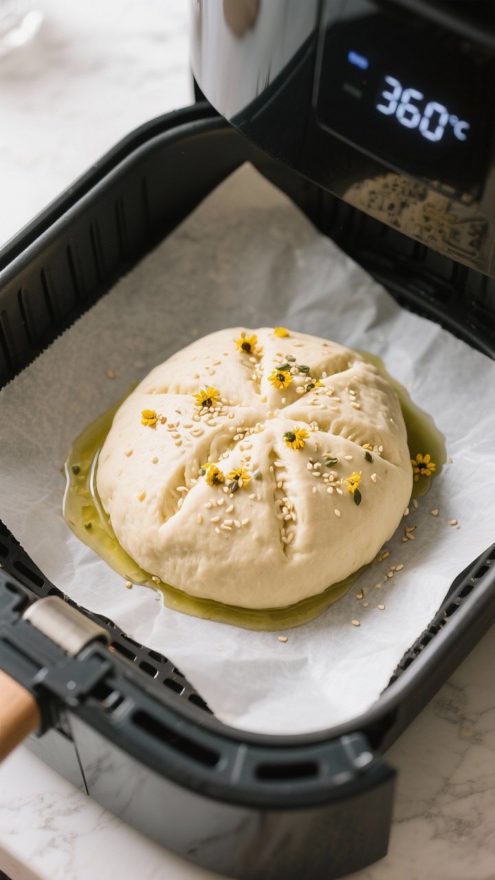 Cooking process: Overhead shot of the shaped, scored dough resting on a fitted parchment square insi