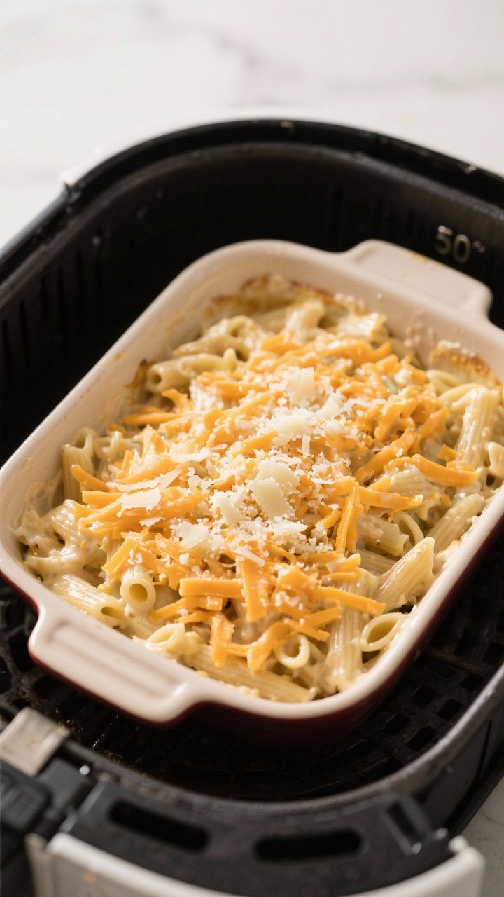 Cooking process: Overhead shot of the small casserole dish loaded for the air fryer, the pasta-Kessl