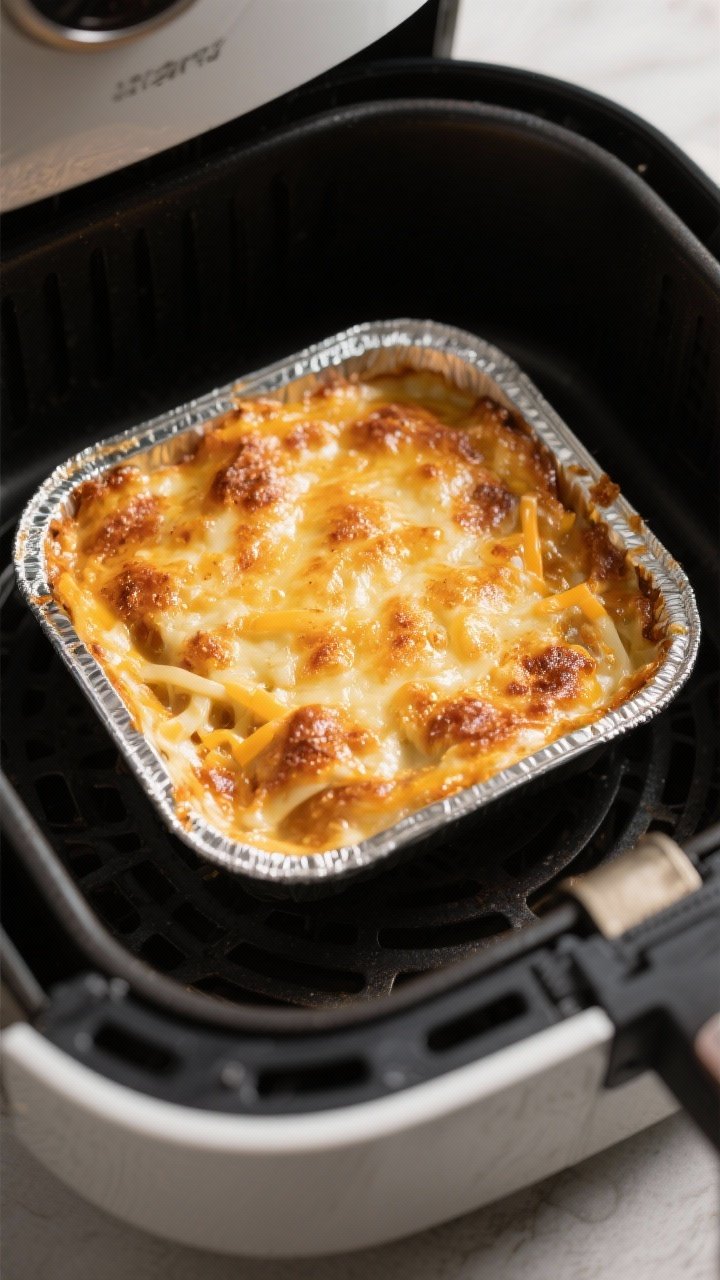 Cooking process: Overhead shot of the small oven-safe dish inside an air fryer basket during the unc