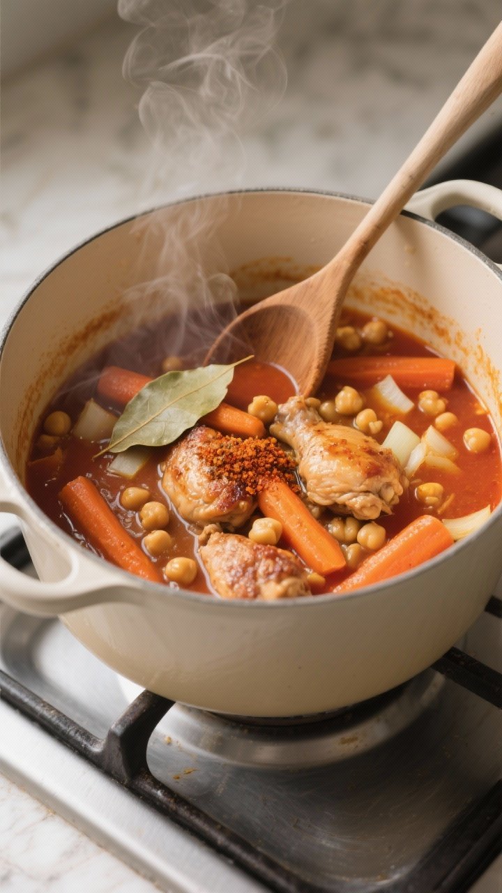 Cooking process: Overhead shot of the stew mid-simmer in a medium pot—air-fried carrots and browne