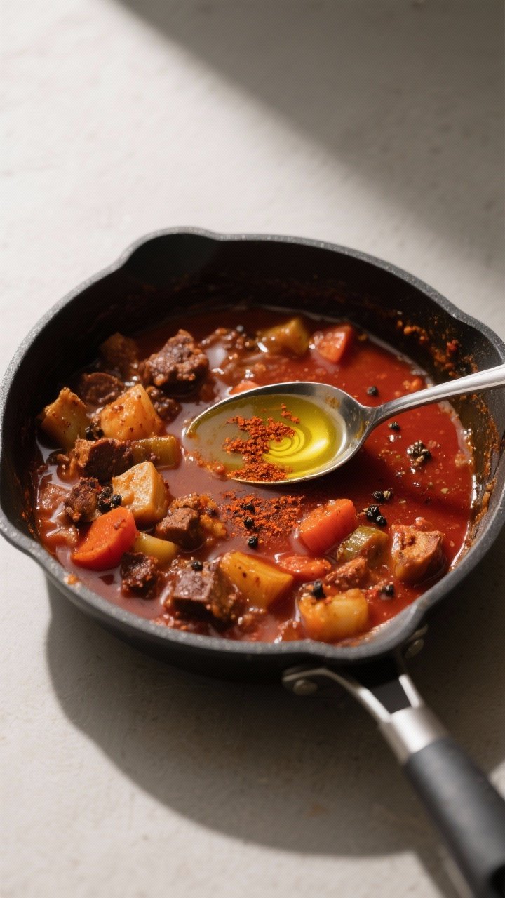 Cooking process: Overhead shot of the stew right after deglazing and reduction, with a spoon stirrin