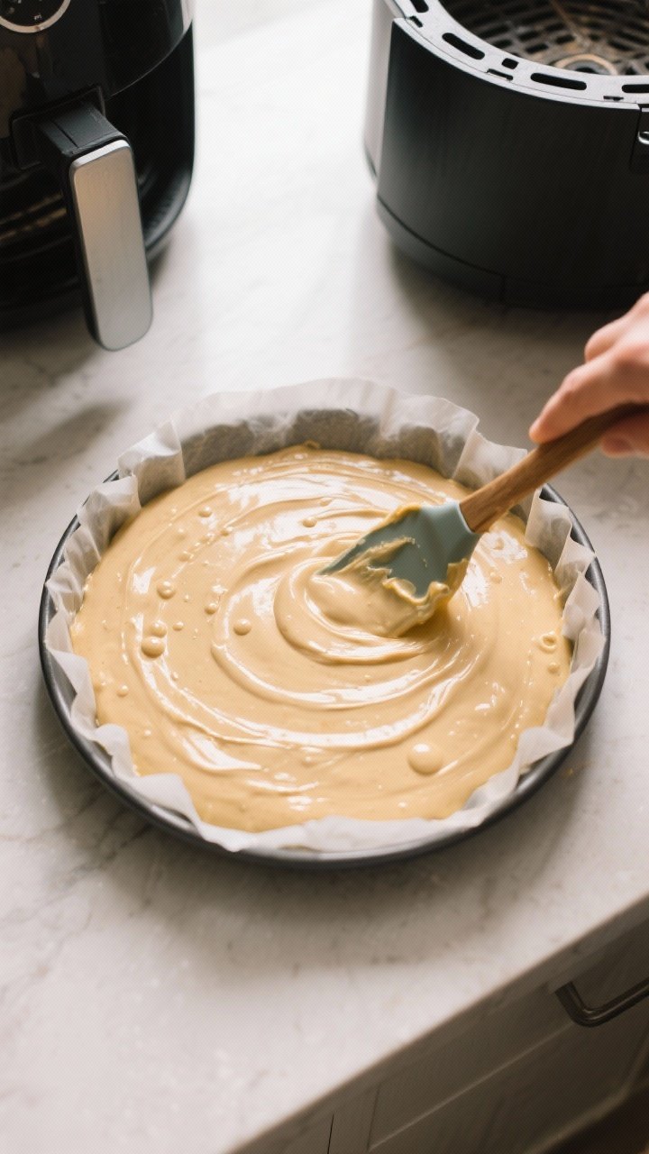 Cooking process: Overhead shot of the thick, glossy batter being smoothed in a parchment-lined 6-inc