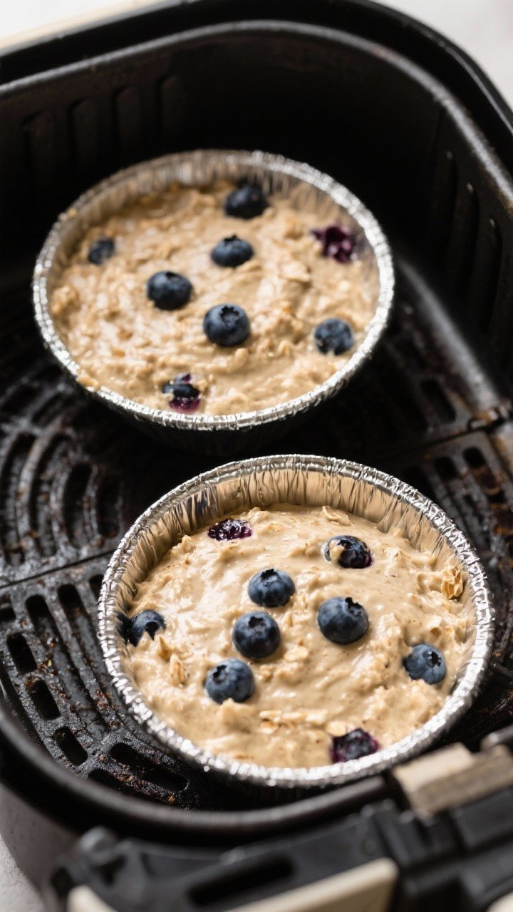 Cooking process: Overhead shot of the thick, pourable oat mixture smoothed into two greased ramekins