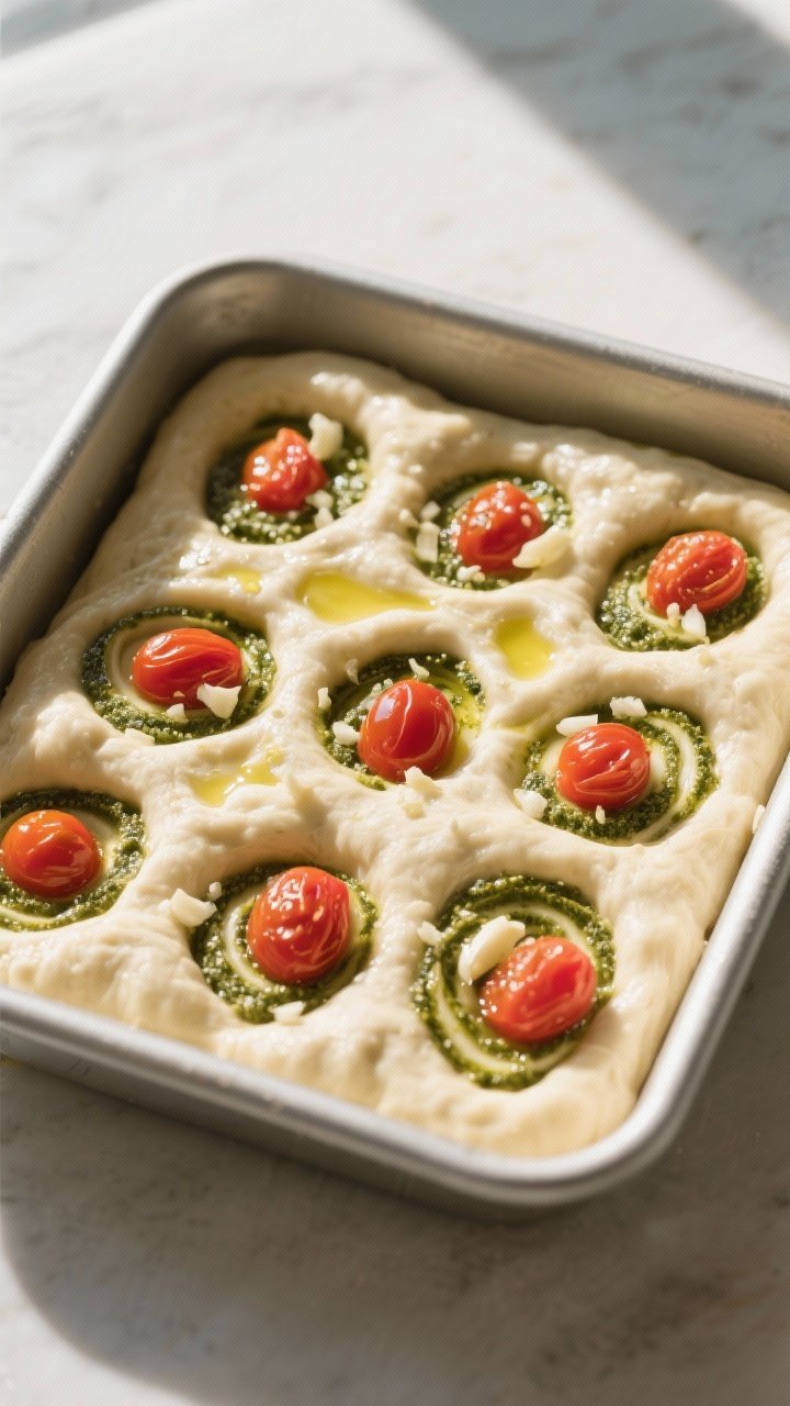 Cooking process: Overhead shot of the topped dough after the second rise, right before air frying—