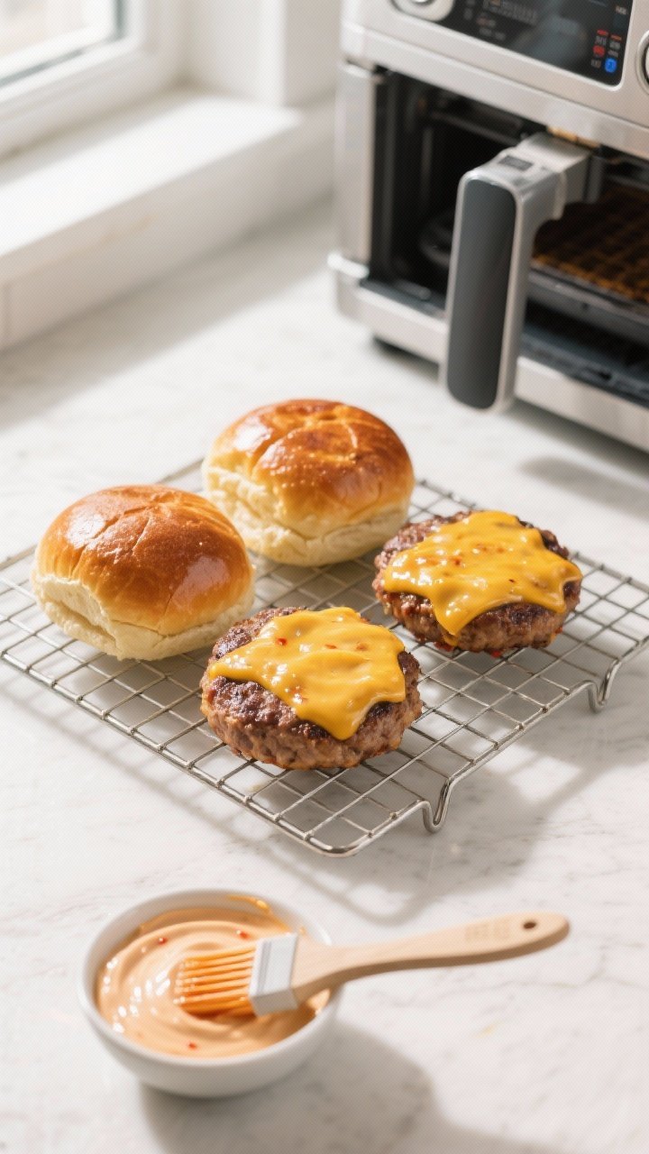 Cooking process: Overhead shot of toasted brioche buns and cheesy glazed patties resting on a wire r