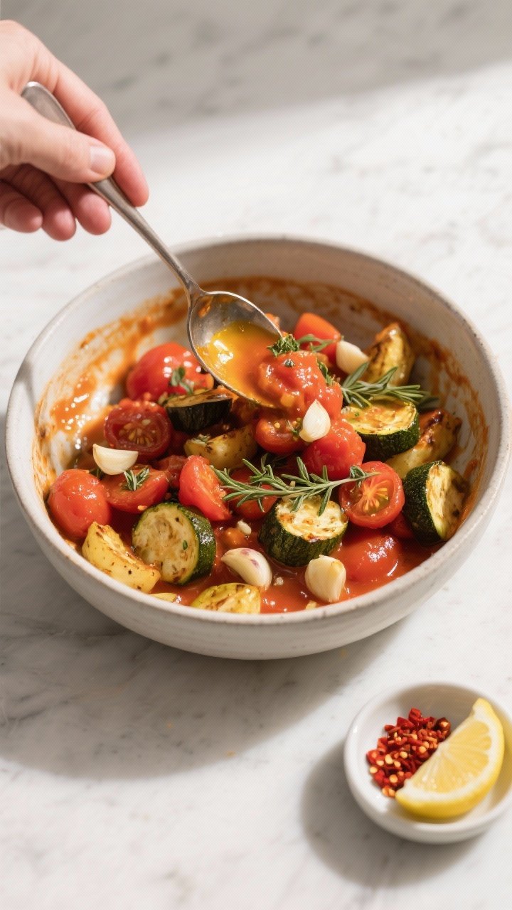 Cooking process: Overhead shot of tossing the roasted vegetables in a large bowl with a glossy warm