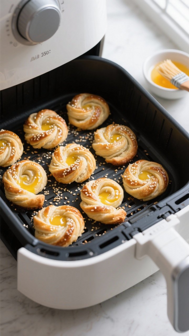 Cooking process: Overhead shot of twisted pastry spirals arranged in a single layer in an air fryer 