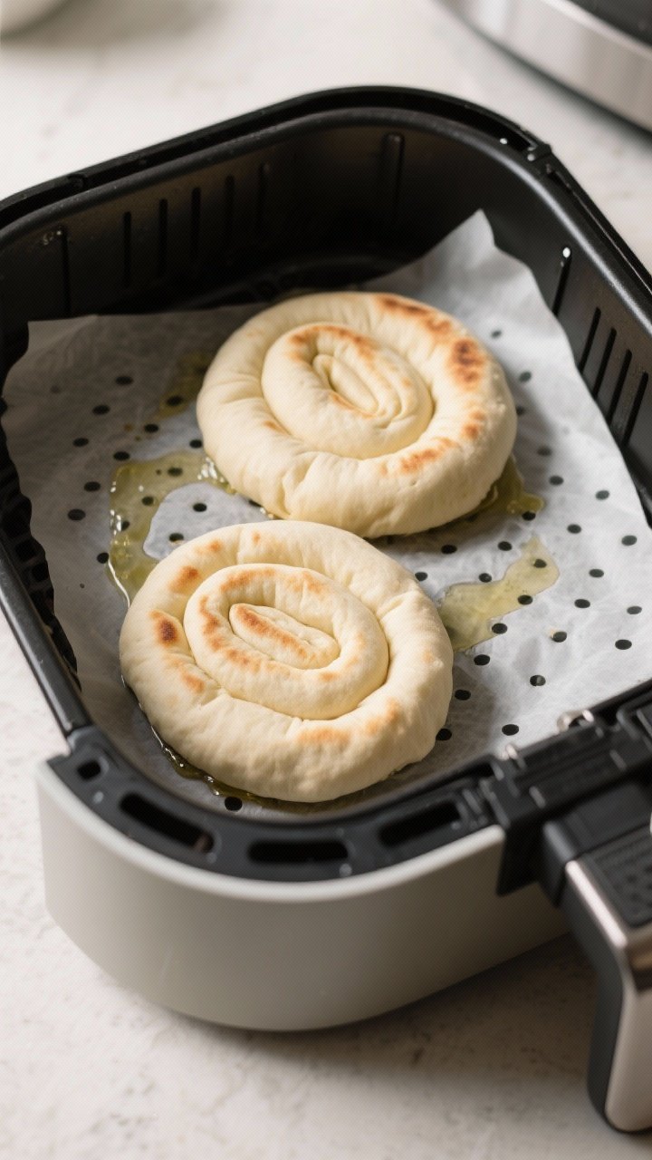 Cooking process: Overhead shot of two evenly rolled 6–7 inch pita rounds in an air fryer basket pr