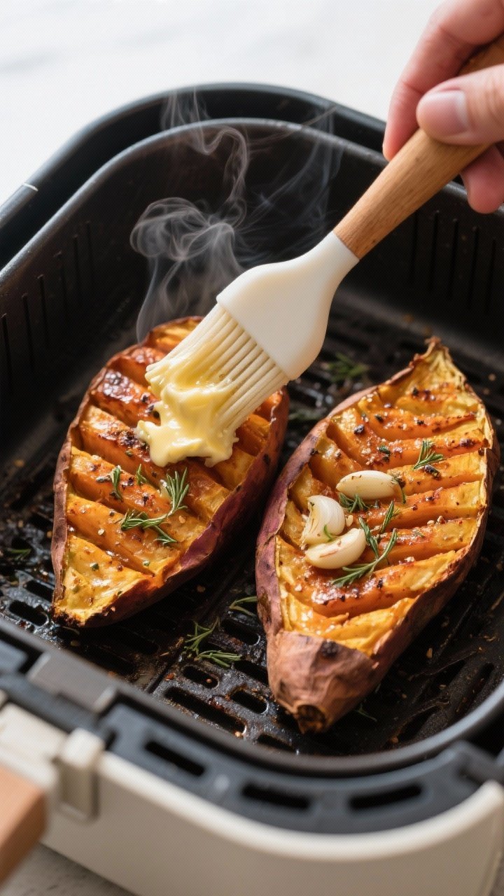 Cooking process: Overhead shot of two Hasselback sweet potatoes in an open air fryer basket at the m