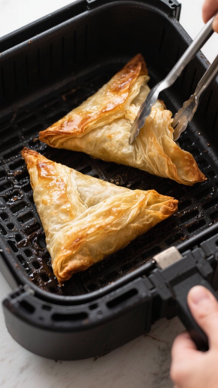 Cooking process: Overhead shot of two oversized phyllo triangle samosas arranged in a single layer i