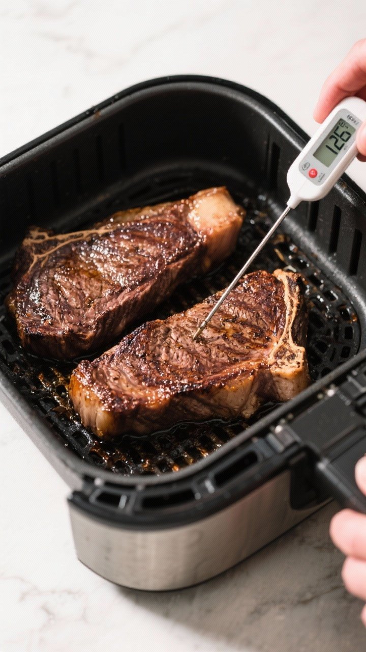 Cooking process: Overhead shot of two seared New York strip steaks in an open air fryer basket at 40