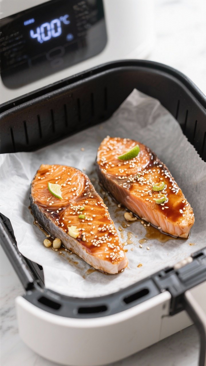 Cooking process: Overhead shot of two thick tuna steaks spaced apart in an air fryer basket, surface