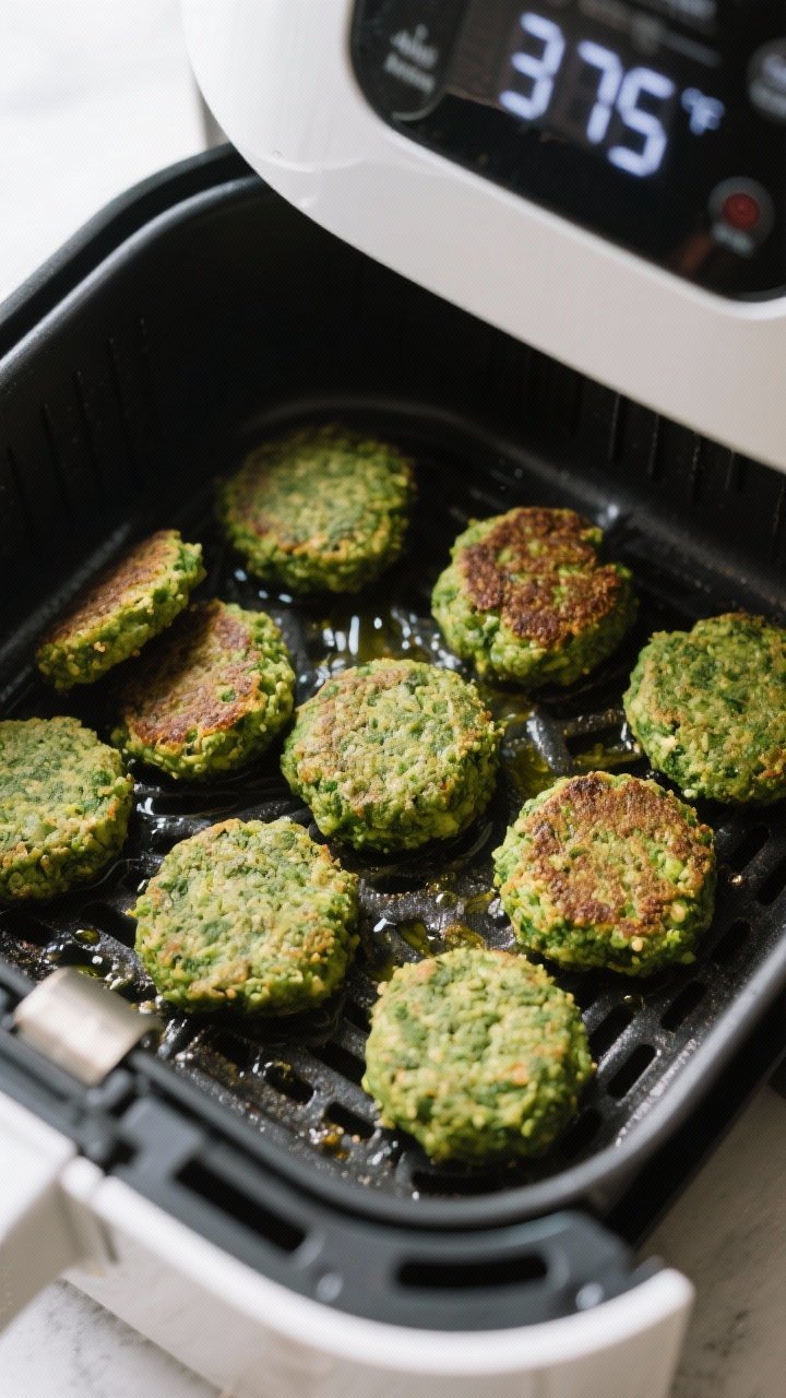 Cooking process: Overhead shot of uniformly shaped green falafel patties arranged in a single layer