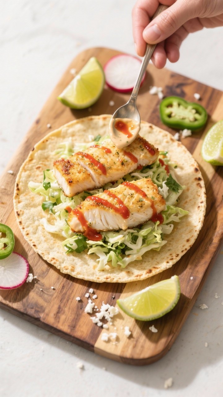 Cooking process: Overhead shot of warm corn tortillas being assembled on a wooden board—layer of c