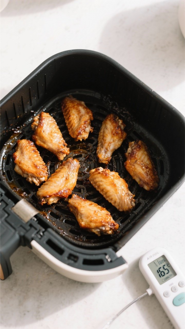 Cooking process: Overhead shot of wings arranged in a single layer in an air fryer basket at 400°F,