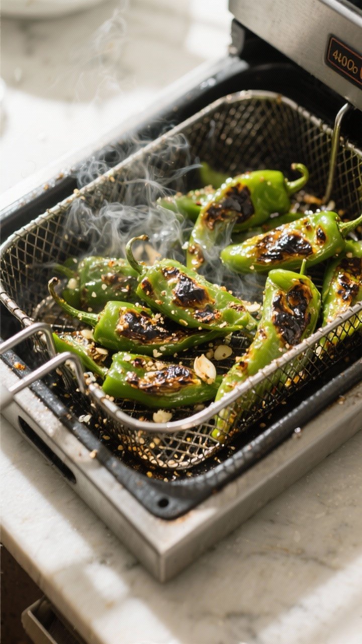 Cooking process: Padron peppers sizzling in an open air fryer basket at 400°F, mid-shake with peppe