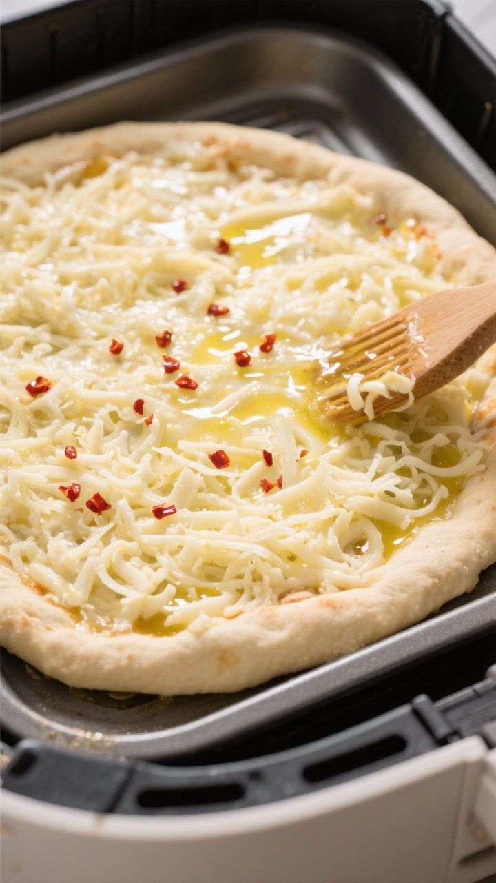Cooking process: Par-baked pizza dough base in an air fryer tray being returned to cook after being 