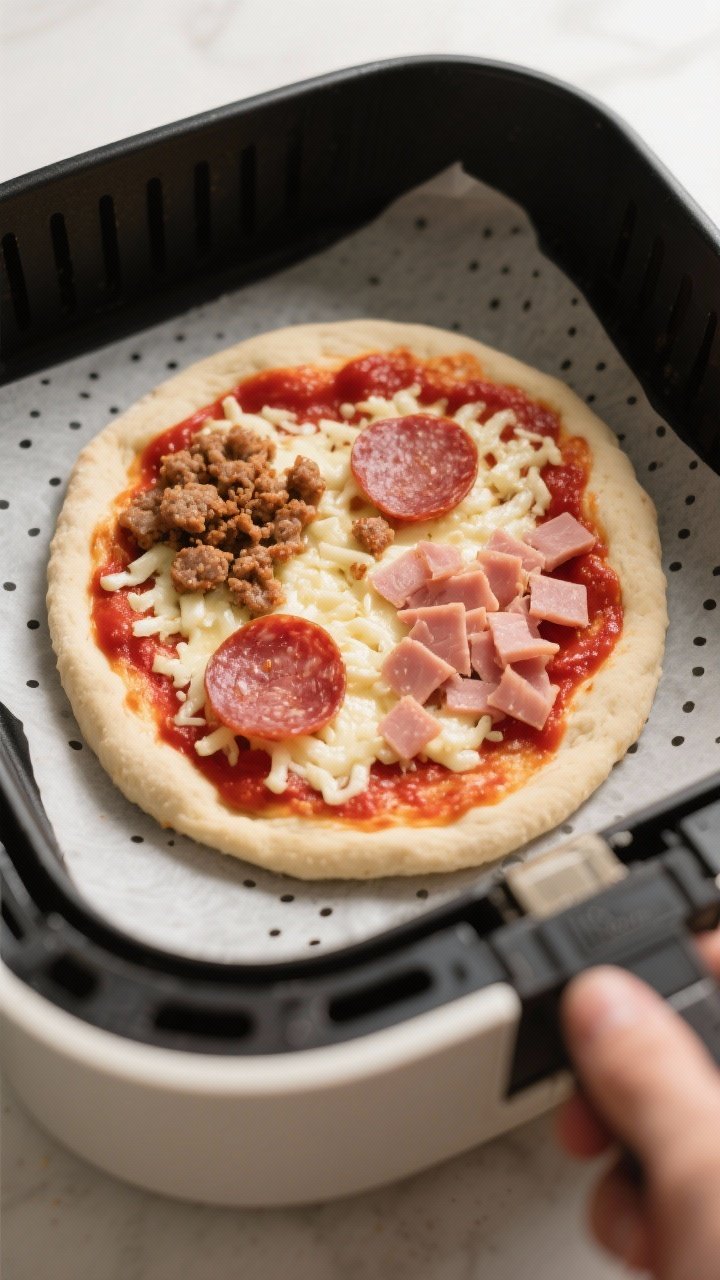 Cooking process: Par-cooked 8–9 inch pizza base in an air fryer basket being topped—thin, even l