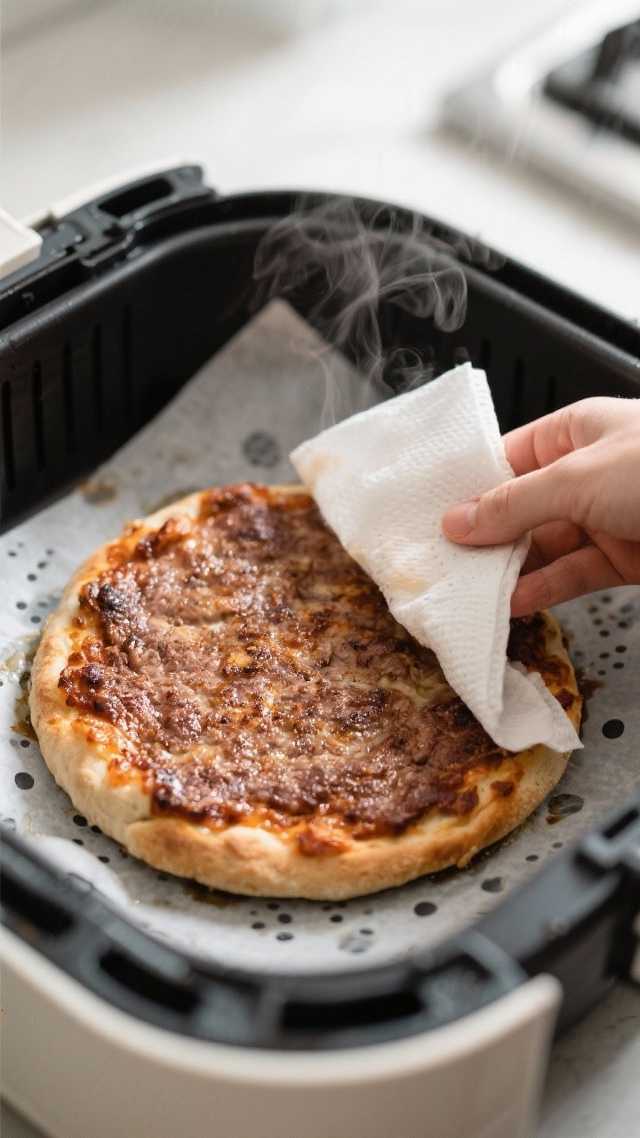 Cooking process: Par-cooked meatzza crust in an air fryer basket, top browned and edges caramelized,