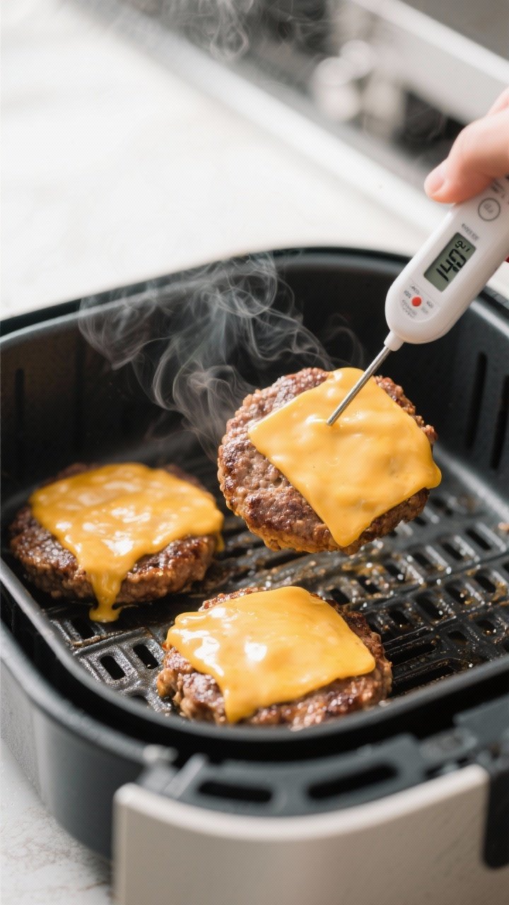 Cooking process: Patties mid-cook being flipped in the air fryer with melted cheddar starting to cas