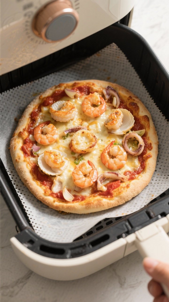 Cooking process: Personal-size seafood pizza mid-cook in an oven-style air fryer on a perforated lin