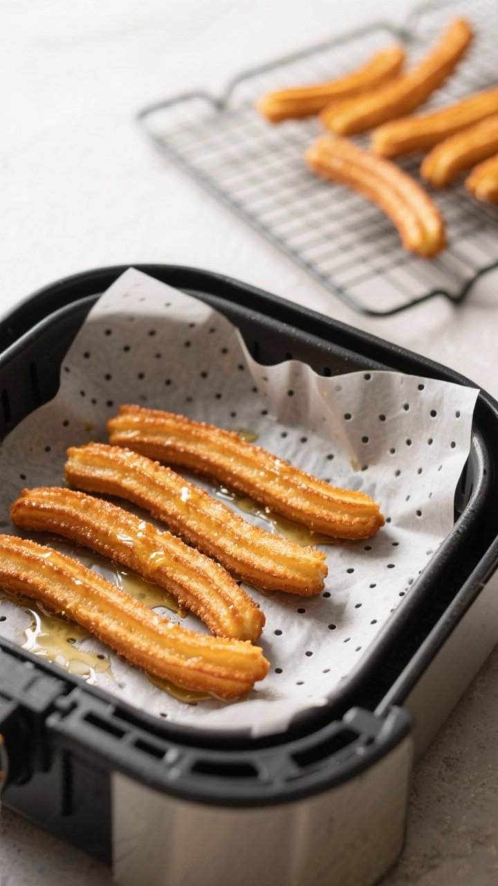 Cooking process: Piped churro lengths in an air fryer basket on perforated parchment, lightly brushe