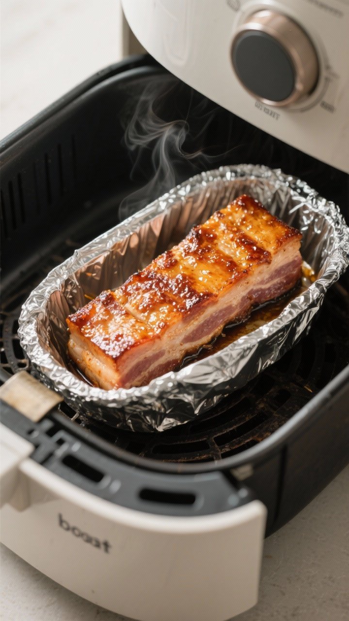 Cooking process: Pork belly in an air fryer basket during the second cook at high heat, skin-side up