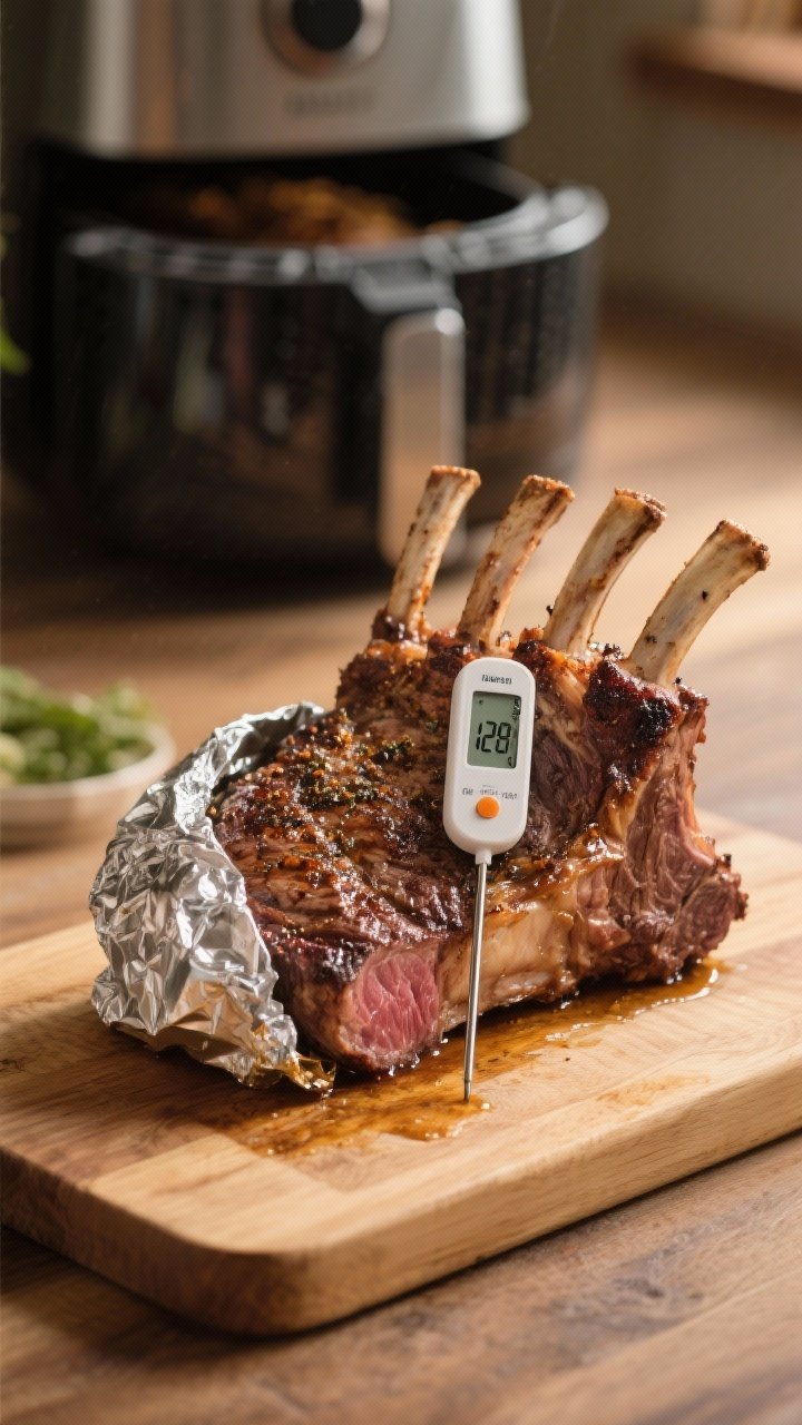 Cooking process: Rack of lamb resting on a wooden cutting board, tented foil pulled back slightly to