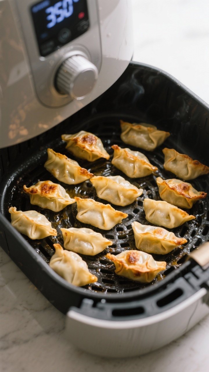 Cooking process: Rangoons arranged in a single, evenly spaced layer inside an air fryer basket mid-c