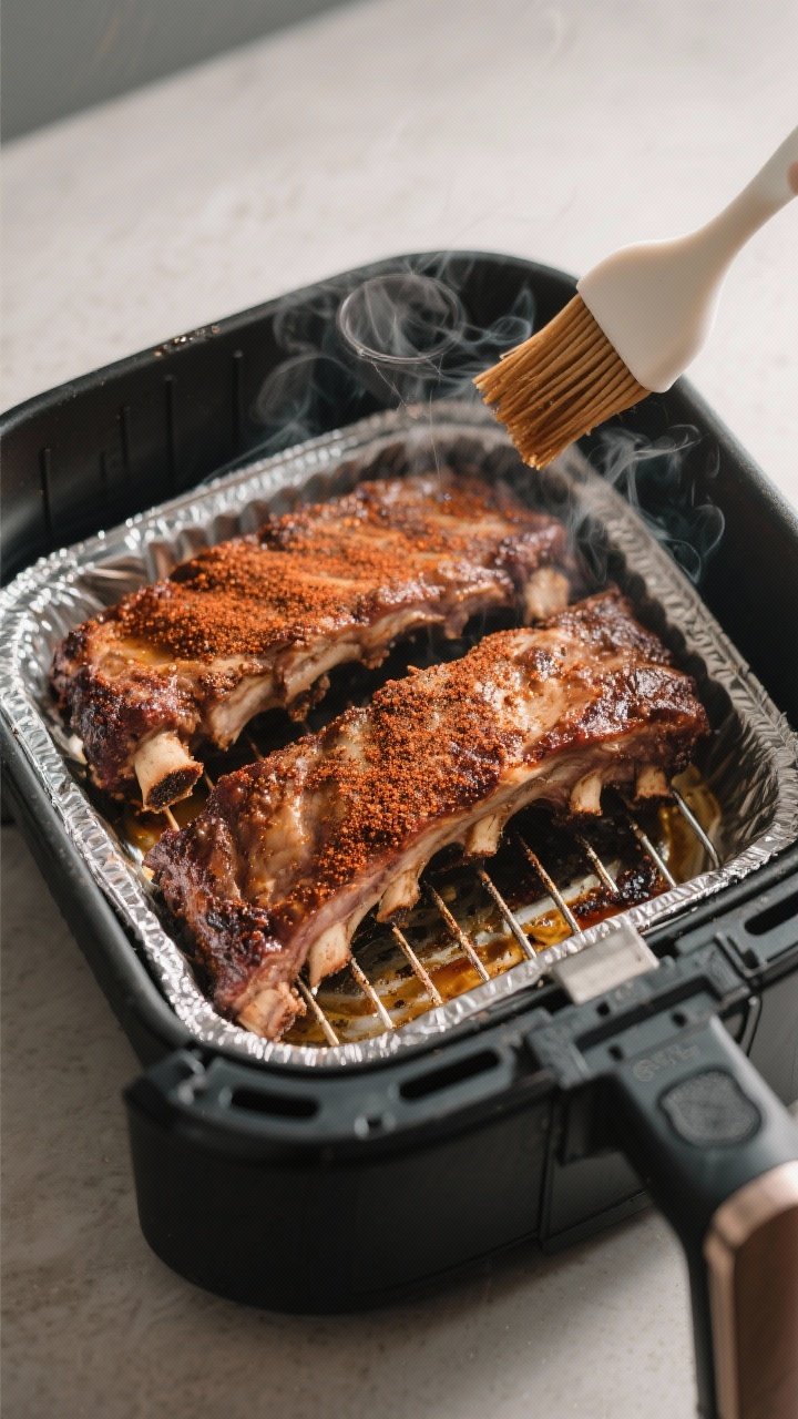 Cooking process: Rib sections in an air fryer basket, bone side up mid-cook after the flip at 375°F