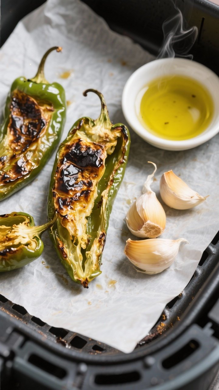 Cooking process: Roasted jalapeño halves (skins blistered) and soft, golden garlic cloves just peel