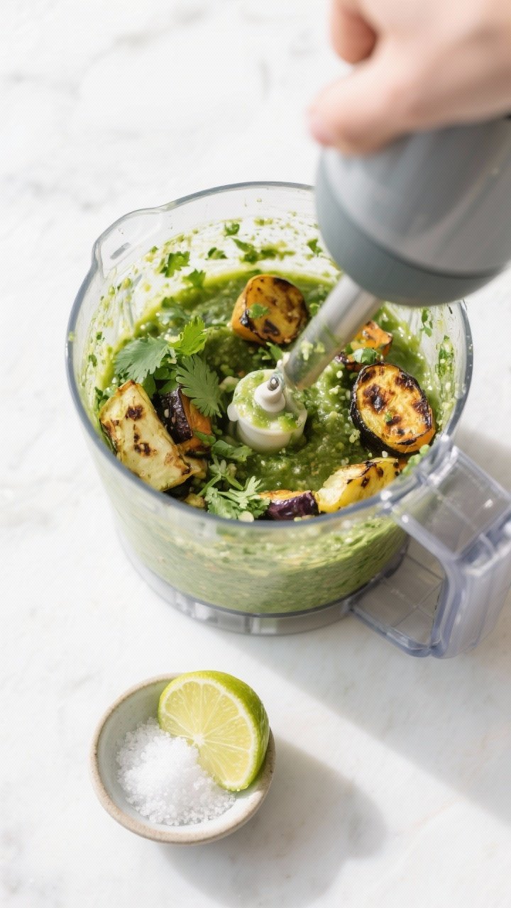Cooking process: Roasted vegetables being pulsed in a blender for salsa verde—vibrant green blend 