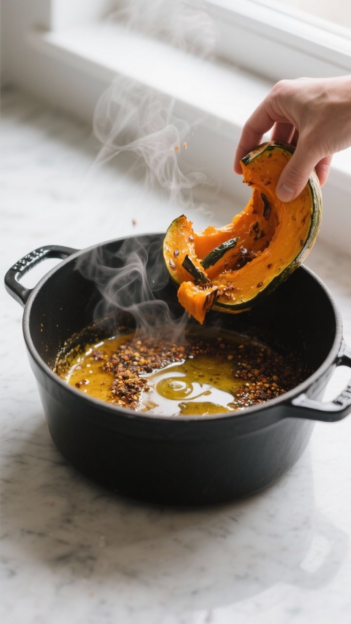 Cooking process: Roasted vegetables being transferred into a pot where a small amount of oil and roa
