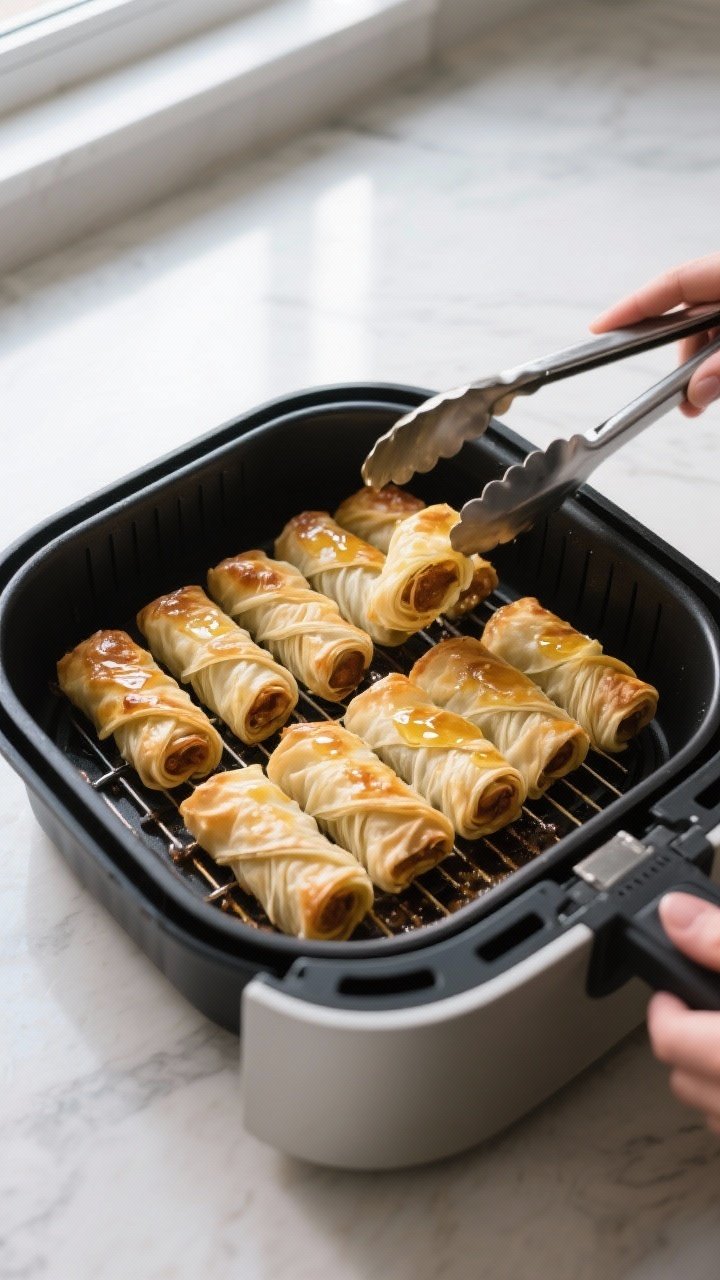 Cooking process: Rows of assembled phyllo rolls arranged with space in an air fryer basket at 375°F