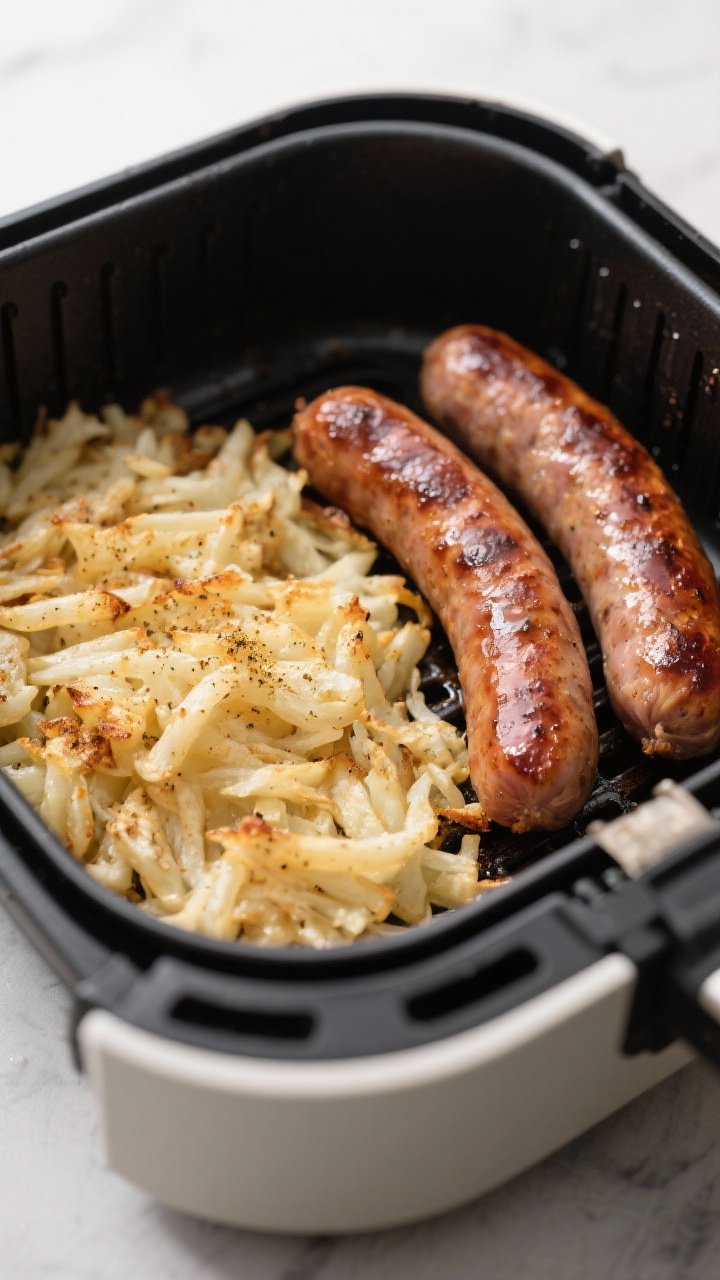 Cooking process: Sausages and hash browns in an air fryer basket mid-cook at 380°F—juicy pork bre